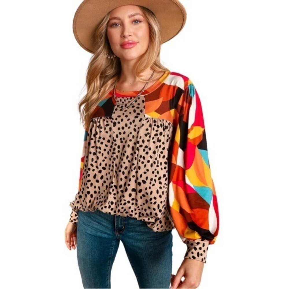 Artsy Geometric Animal Print Top Women Size large Long Sleeve Colorful Boho - Picture 5 of 16